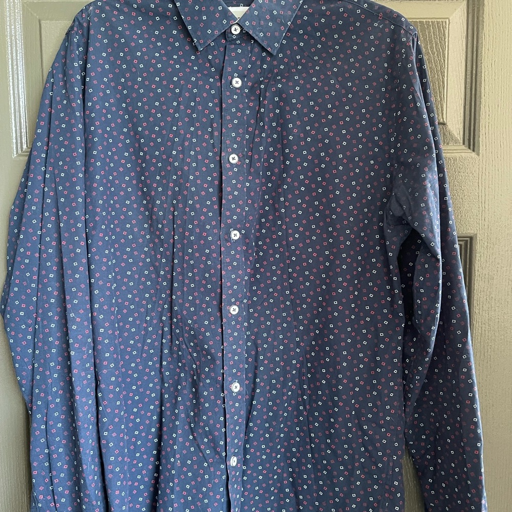 Express Blue Casual Button Down Shirt with Geometric Pattern